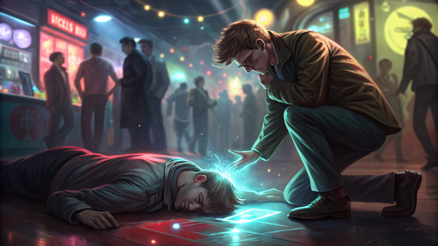 AI generated image by Red Panda AI: concept art drawing for a music video,  guy is fainted on the floor of a nightclub with all the lights and people(blurred) another guy crouching near him is using some sort of magic that comes out of his hand in the form of magic light beams into the fainted guys head