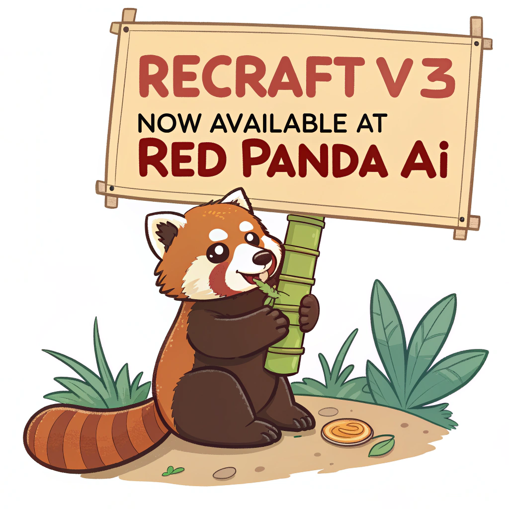 AI generated image by Red Panda AI: a red panda eating a bamboo in front of a poster that says "recraft V3 now available at red panda ai