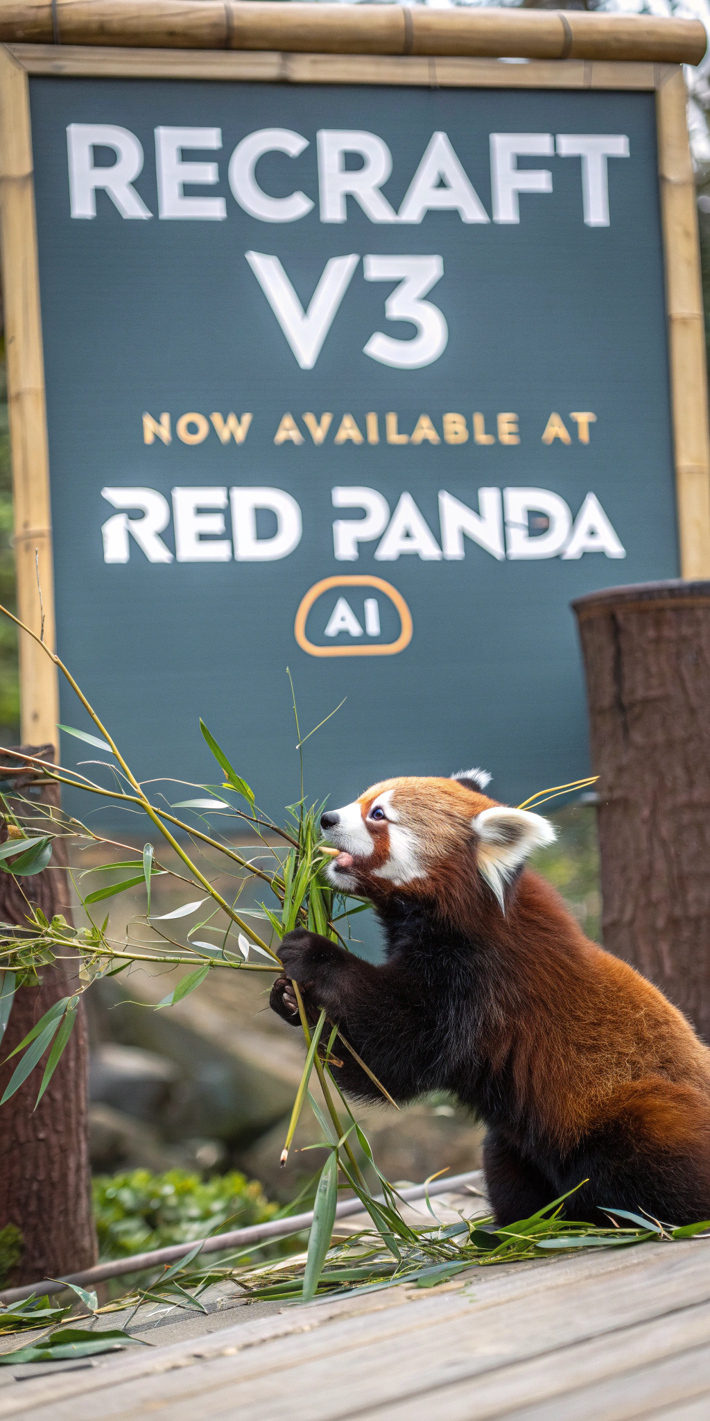 AI generated image by Red Panda AI: a red panda eating a bamboo in front of a poster that says "recraft V3 now available at red panda ai