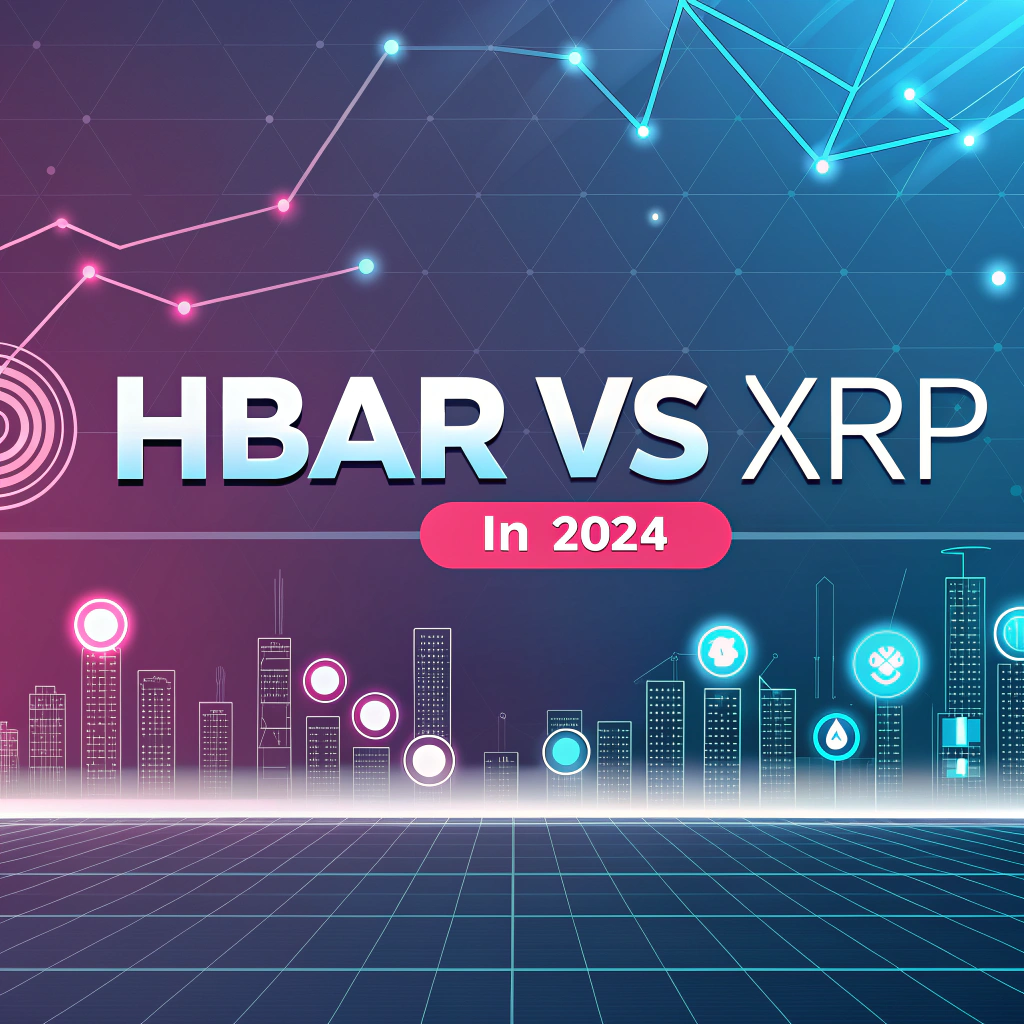 AI generated image by Red Panda AI: Futuristic banner for a blogpost, with not too simple colors and elements like network and AI, in a light sci-fi design and financial style. Big title "HBAR vs XRP" and small subtitle "in 2024"