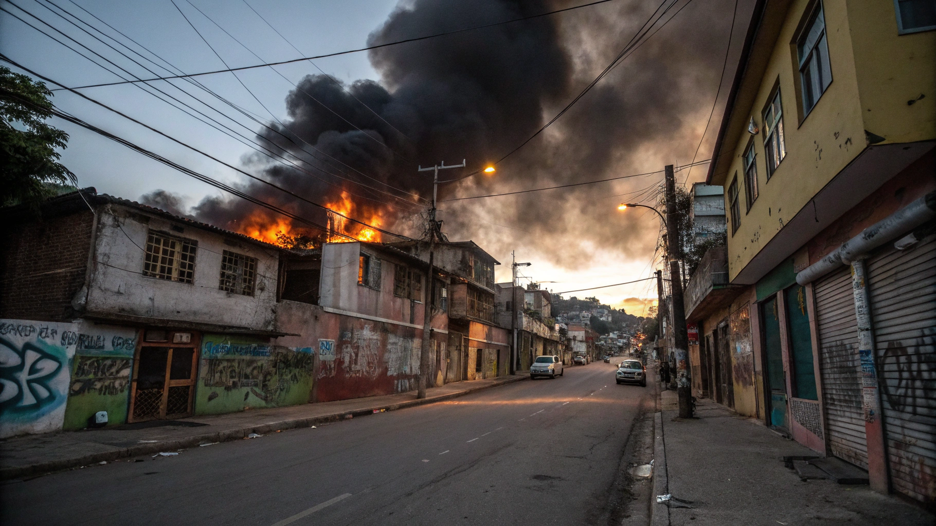 AI generated image by Red Panda AI: Street of favela, Rio de Janeiro, in flames..