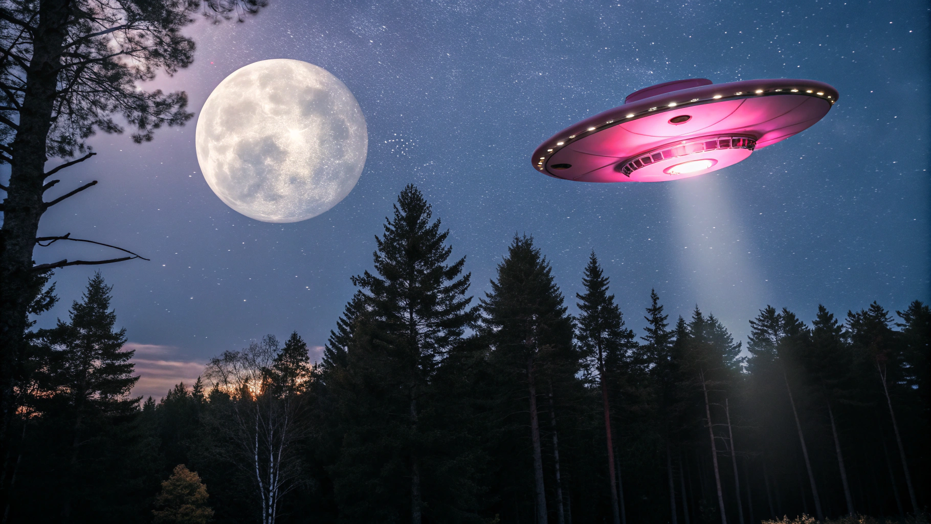 AI generated image by Red Panda AI: Cinematic photograph of a pink UFO flying in the night sky  with a full moon above trees