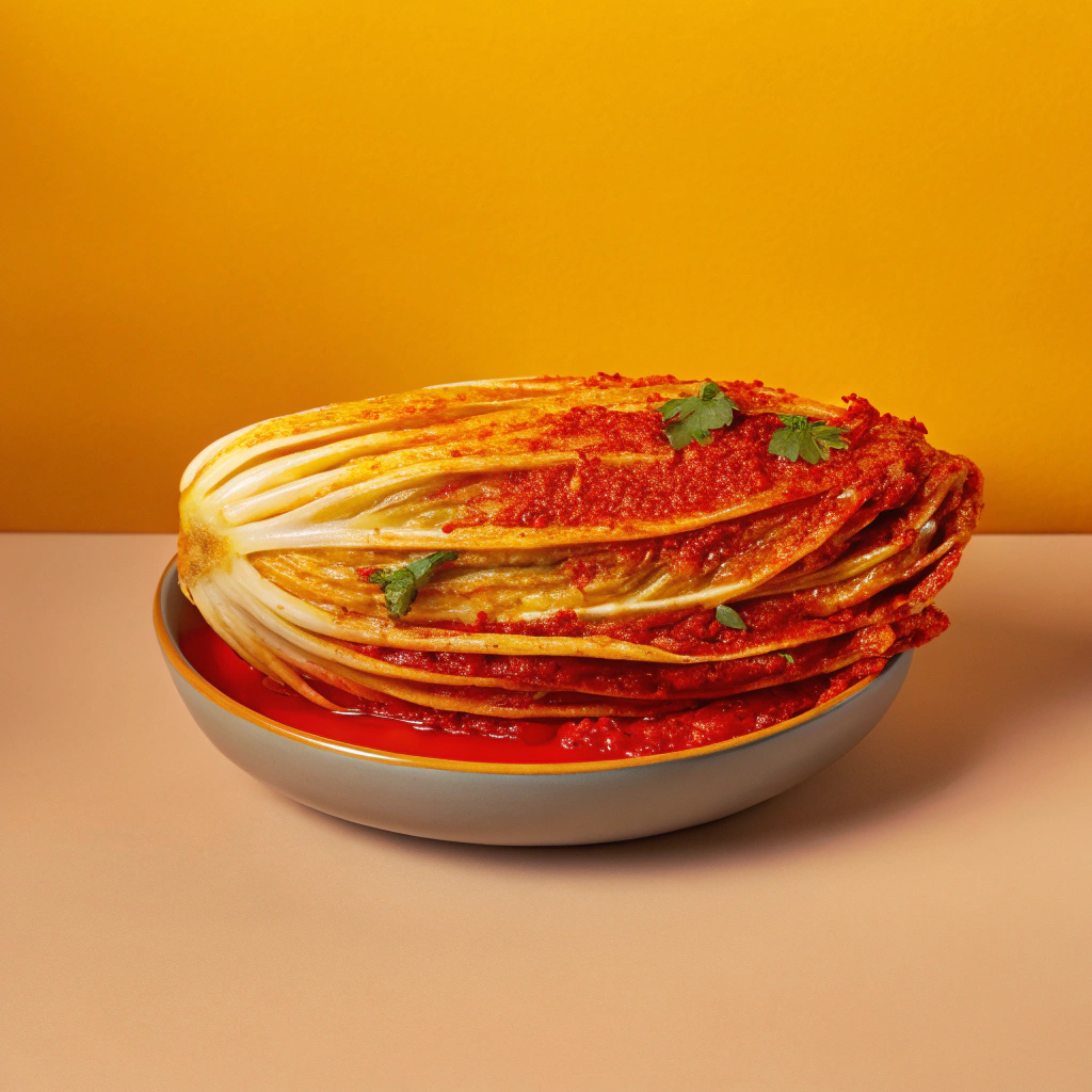 AI generated image by Red Panda AI: Create an advertisement-ready image of traditional Korean napa cabbage kimchi infused with fresh coriander leaves. The coriander is mixed seamlessly with the kimchi seasoning, appearing as part of the flavorful filling. The kimchi is presented as a whole, unsliced napa cabbage (approximately 1kg) with vibrant red seasoning thoroughly absorbed into its layers. Add a creative touch by showing the coriander leaves gently intertwined and standing out within the kimchi, emphasizing the unique fusion of traditional Korean kimchi and coriander. Use a clean, minimalistic background to make the kimchi the focal point while maintaining a high-end, visually appealing aesthetic suitable for promotional purposes.