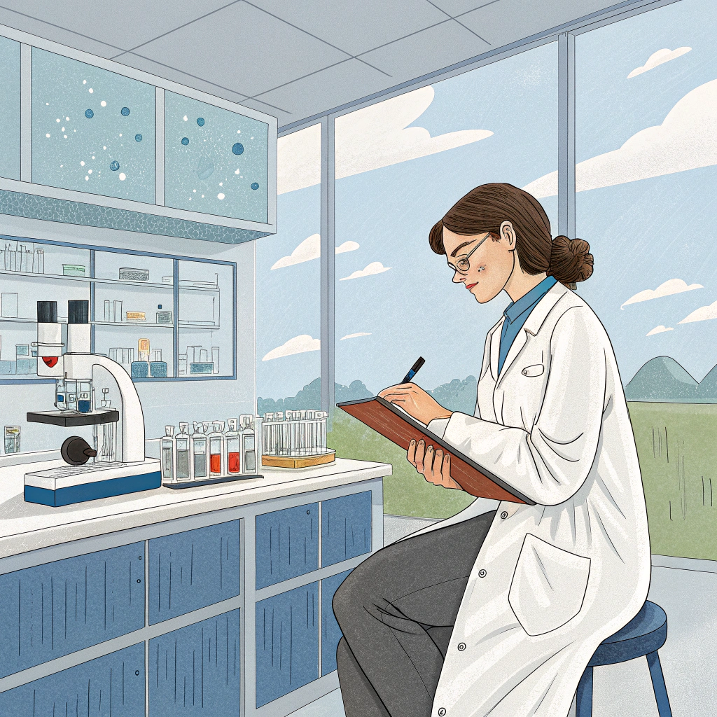AI generated image by Red Panda AI: generar la imagen de una dama vestidas con bata de laboratorio sentada en un laboratorio de un centro científico
