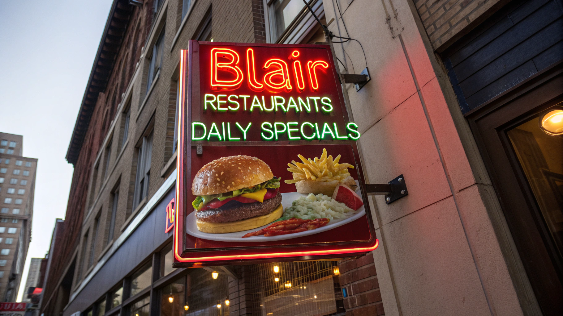 AI generated image by Red Panda AI: menu-inspired neon sign reads "Blair Restaurants Daily Specials", burger and fries.  Soda and salad.