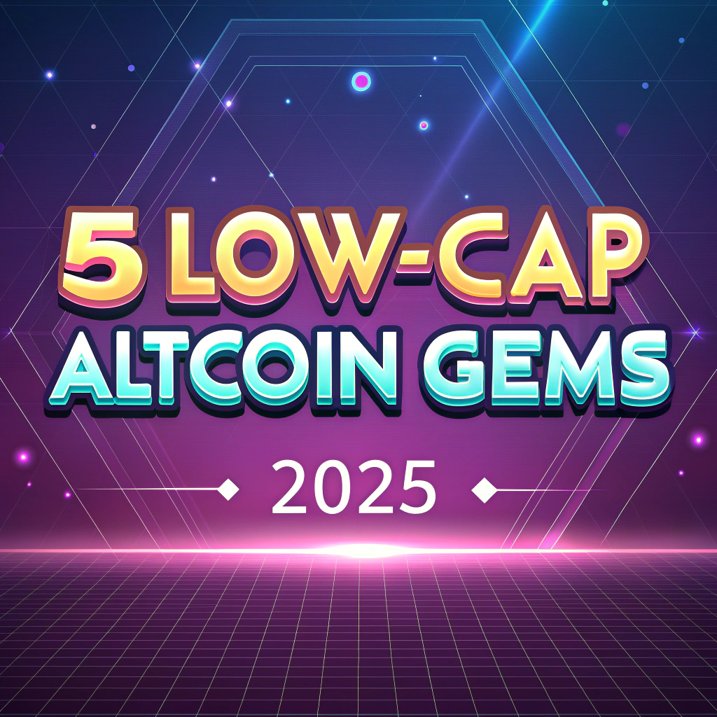 AI generated image by Red Panda AI: Futuristic banner for a blogpost, with Gorgeous colors and fancy elements, in a light sci-fi design and financial style. Big title "5 Low-Cap Altcoin Gems" and small subtitle "2025"