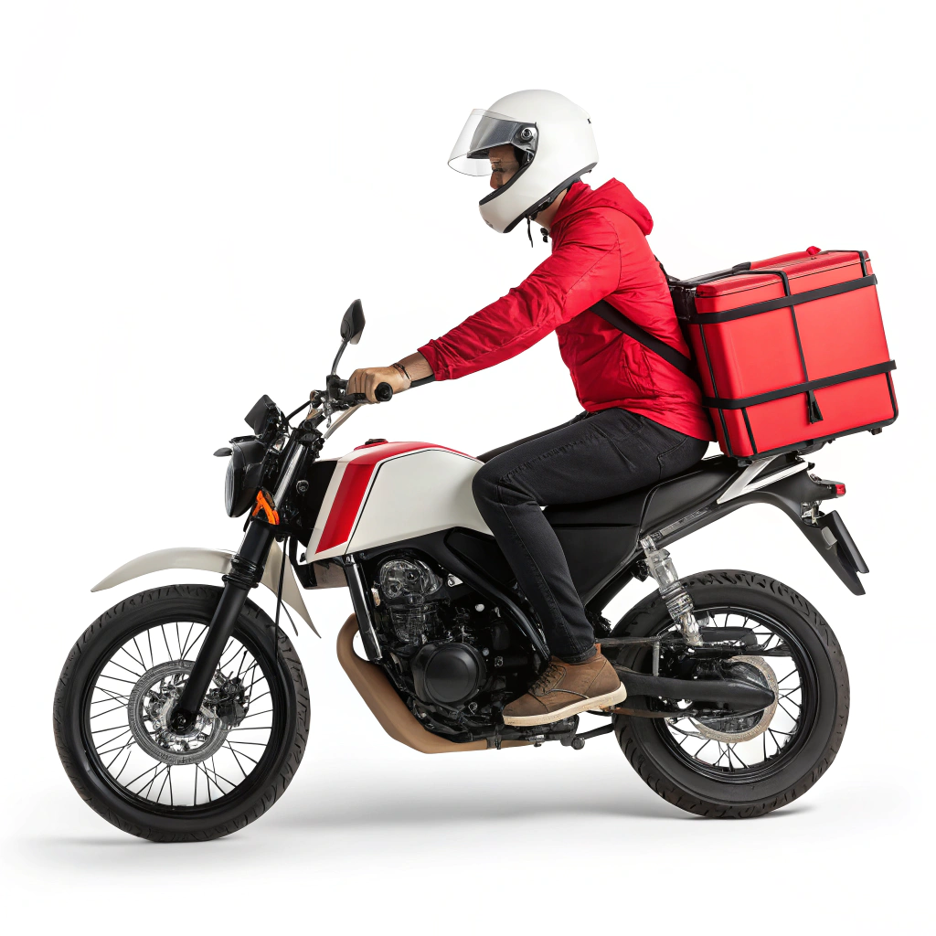 AI generated image by Red Panda AI: una moto re reparto horizontal de fondo blanco y mas vertical con un conductor de camisa roja y casco blanco 