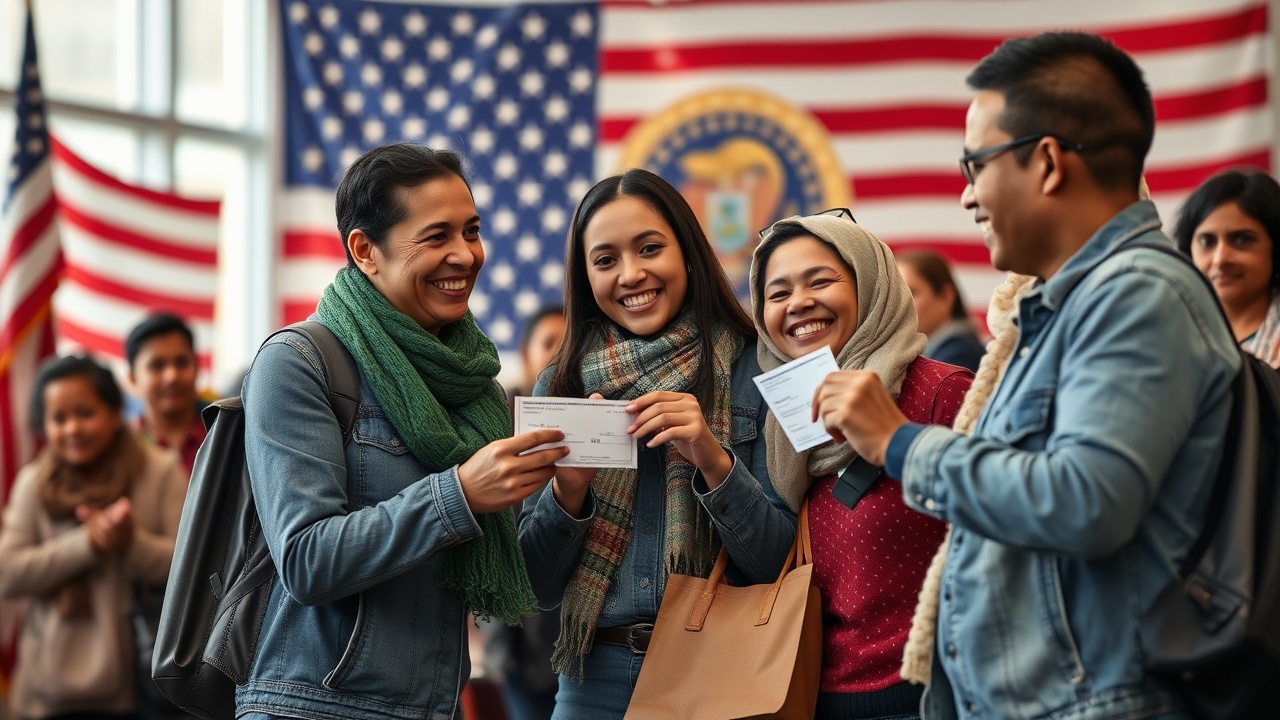 AI generated image by FLUX.1-schnell: Crea una imagen con estilo realista que represente a familias emigrantes recién llegadas a Estados Unidos recibiendo ayudas económicas. La escena debe transmitir esperanza y gratitud, mostrando personas recibiendo dólares o cheques en un ambiente positivo. En la imagen, incluye familias con diversidad étnica, sonriendo y recibiendo apoyo, mientras la bandera de Estados Unidos aparece de fondo o de manera simbólica. No incluyas texto en la imagen.

La composición debe ser cálida y emotiva, con una iluminación que realce el mensaje de inclusión y solidaridad. Ideal para formatos horizontales.
