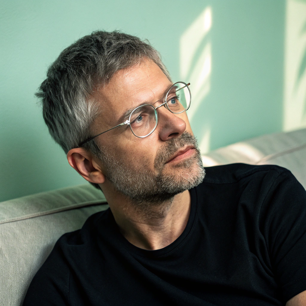 AI generated image by Red Panda AI: a man with short, gray hair, wearing clear glasses and a short, slightly graying beard. His expression is serious, with a slight tilt of his head toward the camera. He is wearing a black T-shirt and is seated on a sofa against a light green background. The lighting is soft, likely natural, coming from one side.