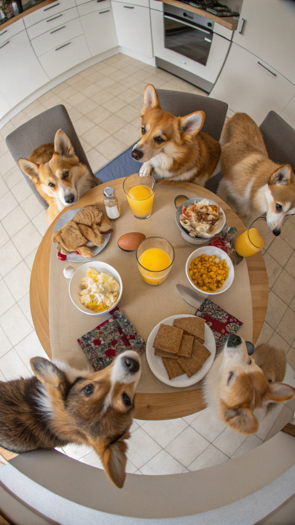 AI generated image by Red Panda AI: real life directly overhead fisheye lens video of a dog family of 6 corgis seated around a dining table eating breakfast with scrambled eggs, orange juice, cereal and toast 