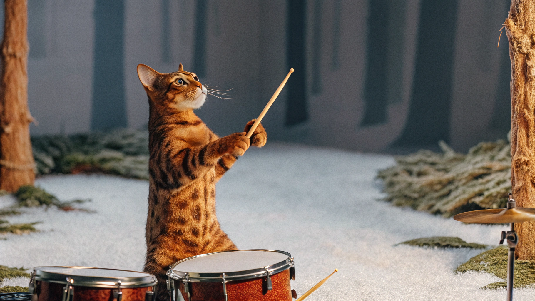 AI generated image by Red Panda AI: Detailed photo of a Bengal cat playing drums in a forest. The forest is very mossy and damp. There is a golden, warm light mood. The cat is holding the drumsticks in its paws as it plays. The forest in the background is not too gloomy and has many different ground plants.