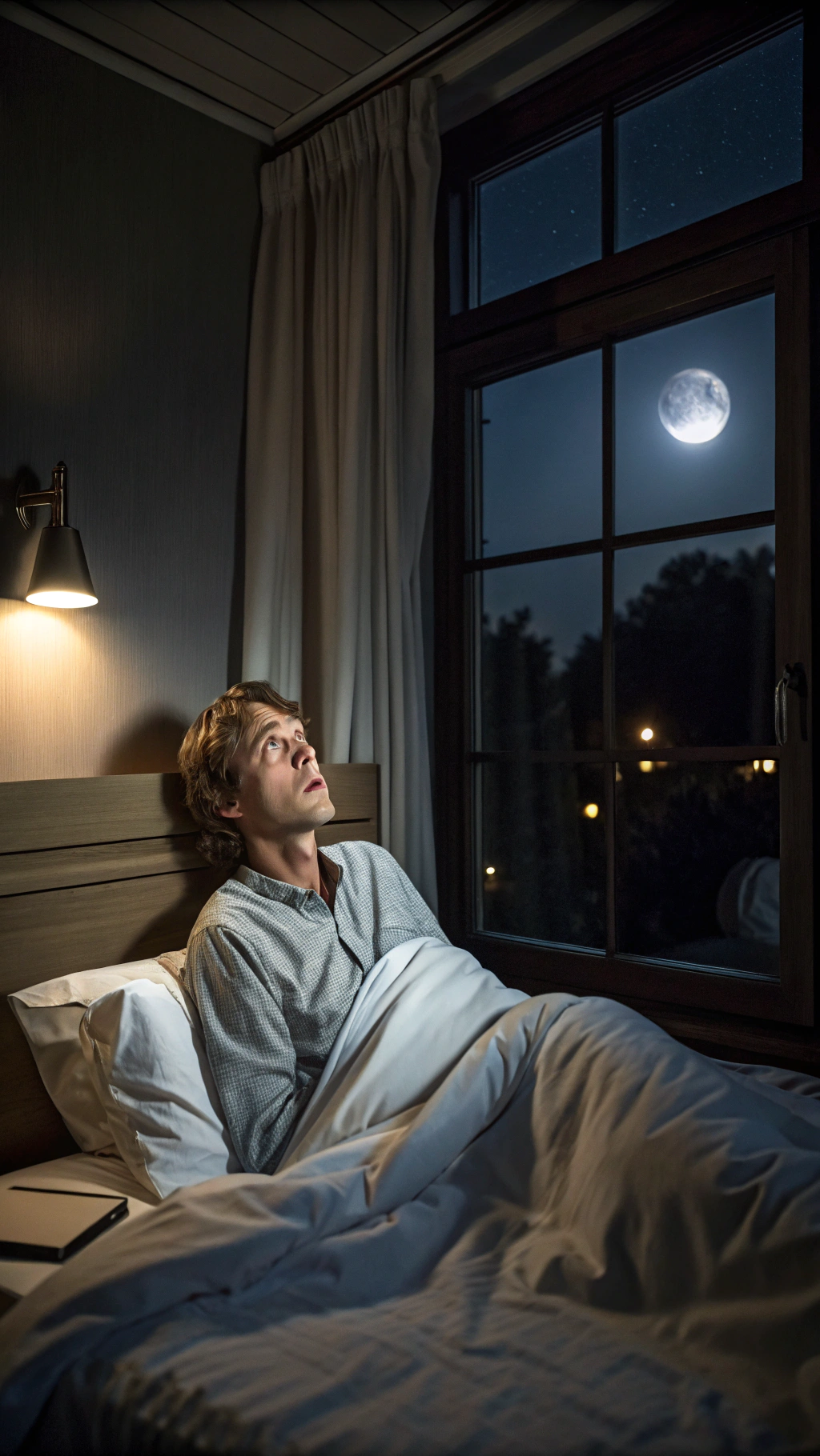 AI generated image by Red Panda AI: Una persona despertando en mitad de la noche en su cama, con una expresión de confusión y sin saber por qué se ha despertado. La habitación está en penumbras, con una tenue luz de la luna entrando por la ventana."