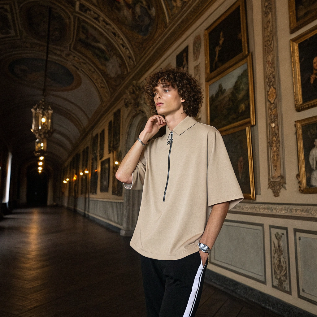 AI generated image by Red Panda AI: A photo of a young man with curly hair wearing a beige oversized t-shirt with a zipper down the front and black pants with a white stripe down the side. He has one hand near his collar and a silver ring on his finger. The background is a hallway of a historic European castle with walls covered in old family portraits and ornate gold frames flickering in the dim candlelight. The floors are paved with dark wood for an ancient and stately look.