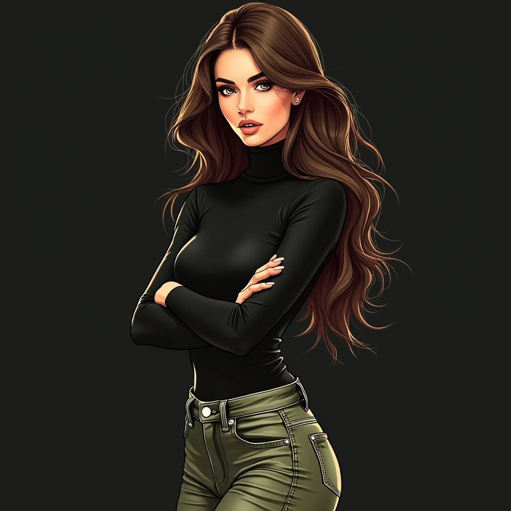 AI generated image by FLUX.1-pro: Illustration by Luis Royo. Black background. A beautiful Lebanese woman with long brown hair. She wears a black turtleneck, and a pair of olive green skinny jeans. She crosses her arms.