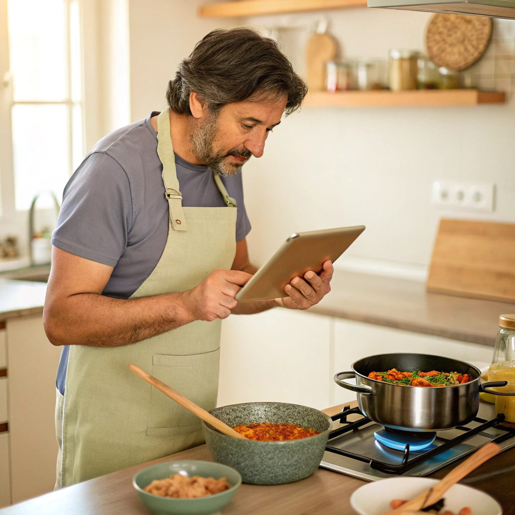 AI generated image by Red Panda AI: Papá cocinando recetas de internet pero es un papá principiante que su apodo es papacoi
