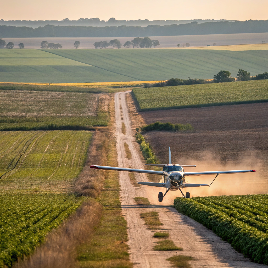 AI generated image by Red Panda AI: una avioneta asesna aterrizando de frente en en camino entre parcelas