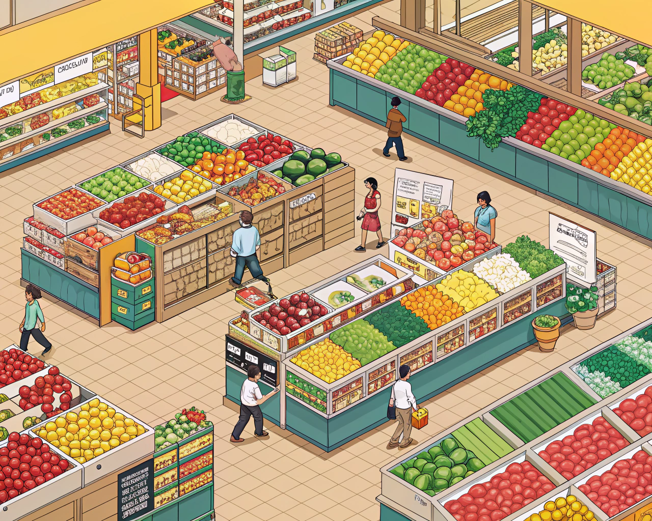 AI generated image by Red Panda AI: A hyper-realistic Cartoon image of a Grocery Store, view from above, with a lot of details and a lot of things happening inside of the store. Very vibrant colors. Different themese in different Aisles
