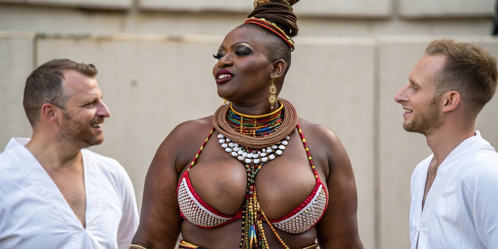 AI generated image by Red Panda AI: Mujer africana tribal hermosa modelo gilf de grandes pechos y gran trasero rodeada de hombres blancos