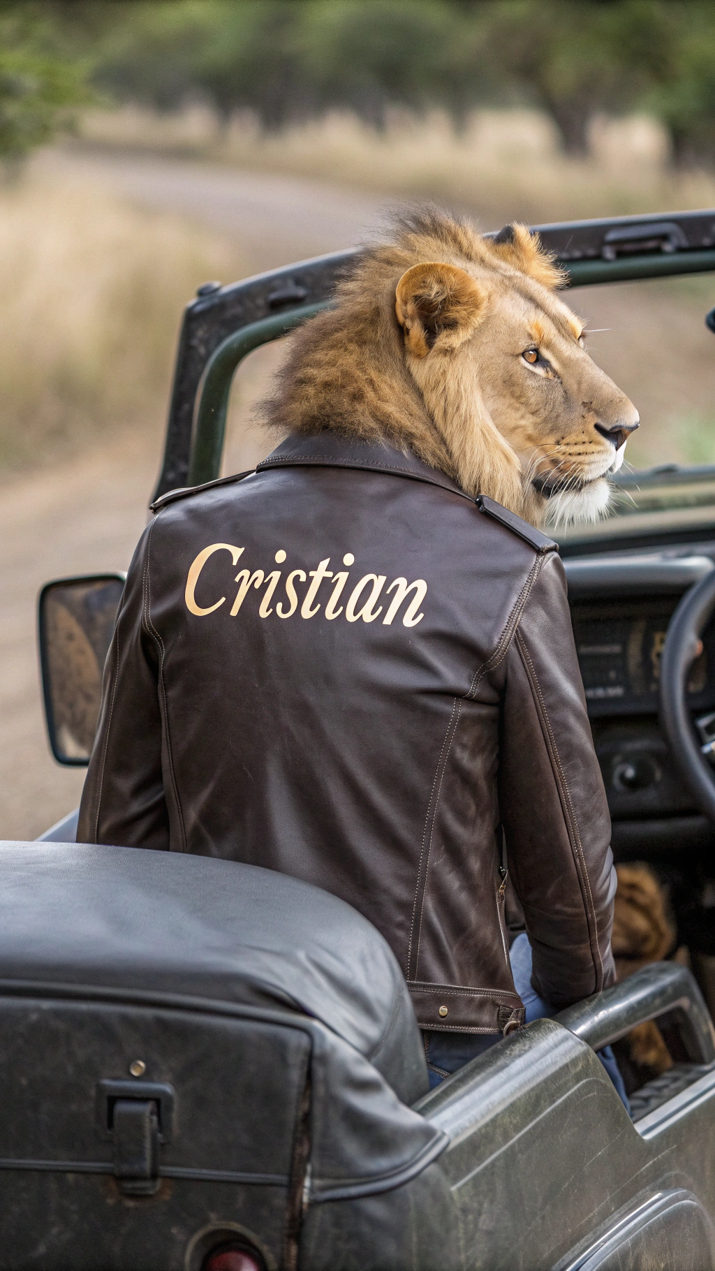 AI generated image by Red Panda AI: Crear a un leon con una chaqueta de cuero, en su chaqueta un texto "cristian",el leon maneja un  jepp 