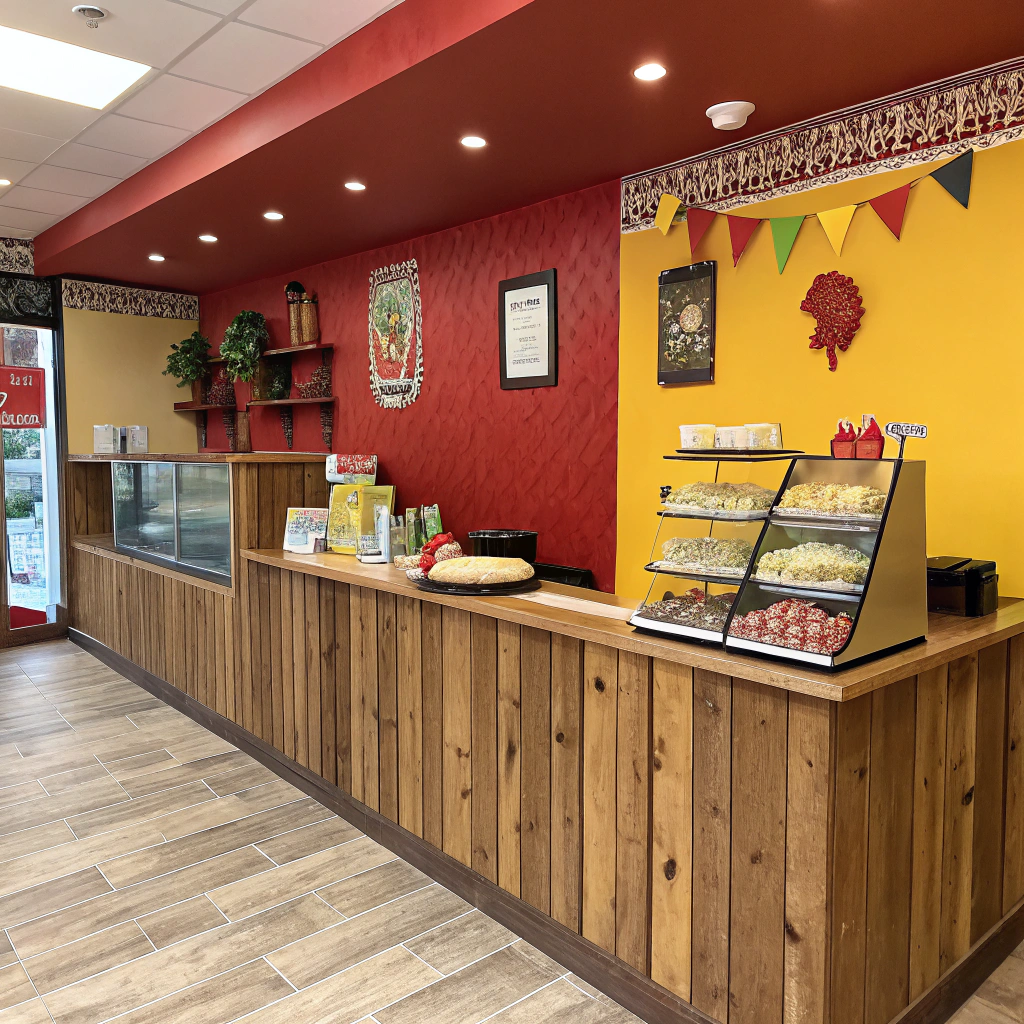 AI generated image by Red Panda AI: mostrador de madera con paredes rojas y amarillas sin mesas de restaurante de franquicia pequeña mexicano con torta mexicana
