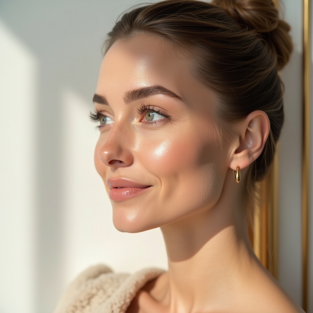 AI generated image by FLUX.1: A close-up portrait of a woman with a perfectly harmonious facial profile, highlighting a defined jawline, lifted cheekbones, and a balanced nose, enhanced by hyaluronic acid. Her skin appears radiant and healthy, with a serene and confident expression. Soft, professional lighting enhances her facial symmetry. The background is elegant and minimalist, featuring white and gold tones to evoke luxury and advanced aesthetics. A subtle before-and-after effect could showcase the difference in facial contour before the treatment.