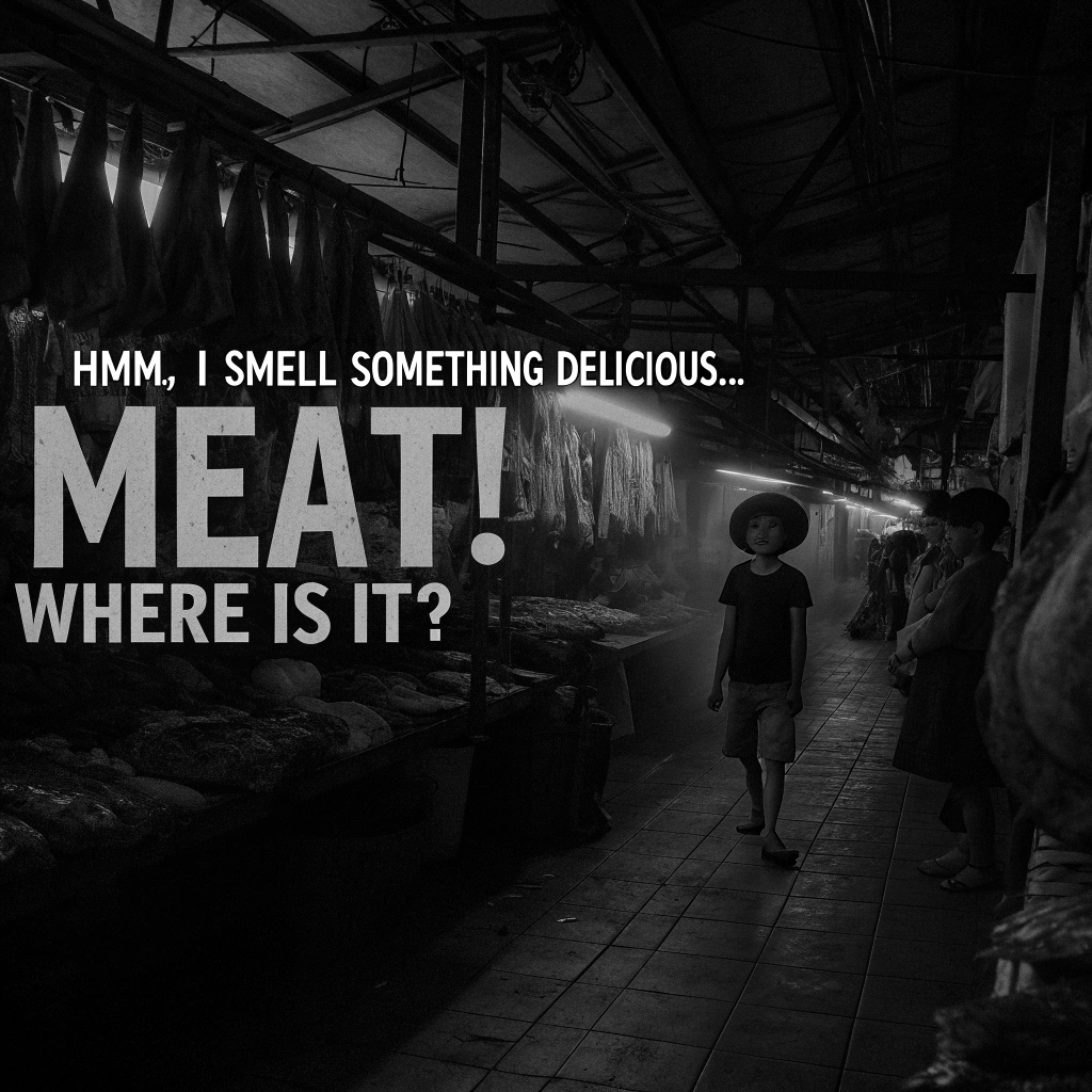 AI generated image by Red Panda AI: Luffy walking through a lively marketplace, eyes wide with excitement, sniffing the air, searching for the scent of meat. People around him are busy with daily tasks.
text: "Hmm, I smell something delicious... Meat! Where is it?"