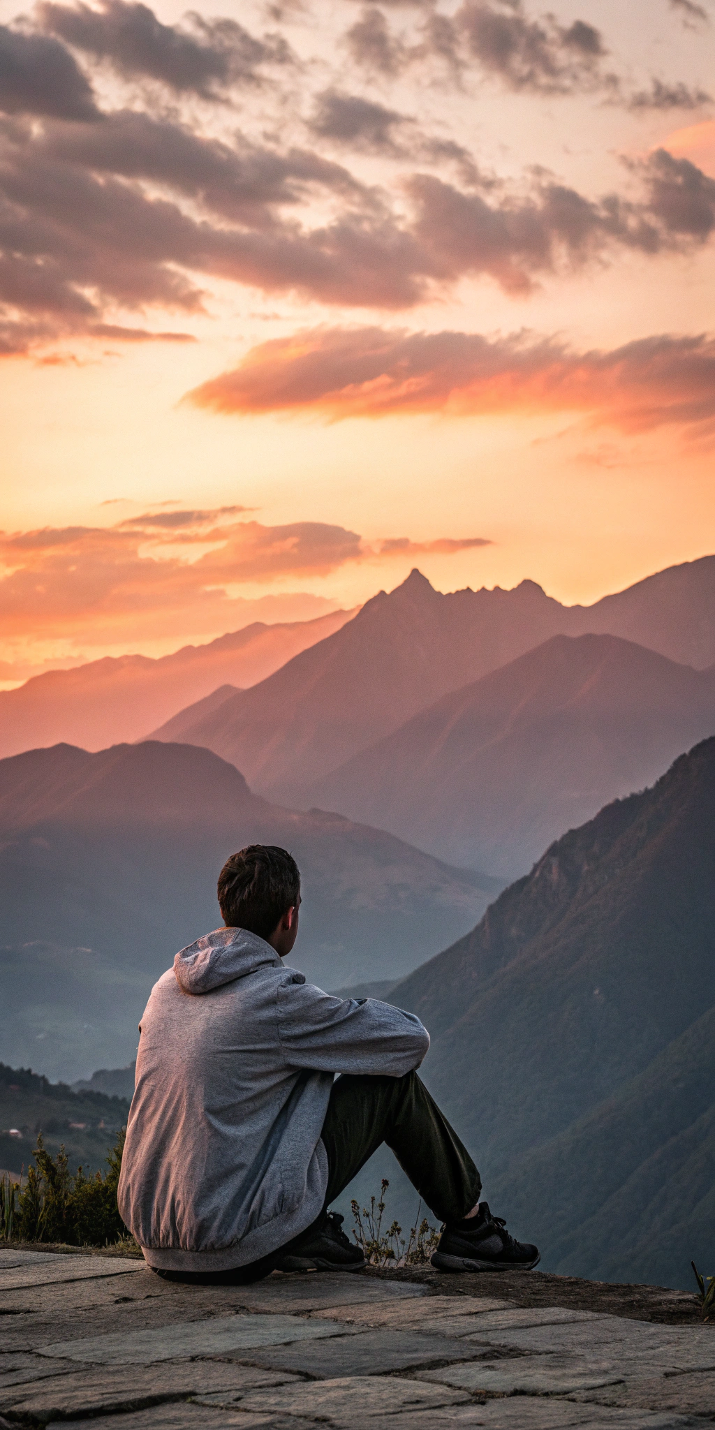 AI generated image by FLUX.1-schnell: homme assis devant des montagnes au coucher de soleil