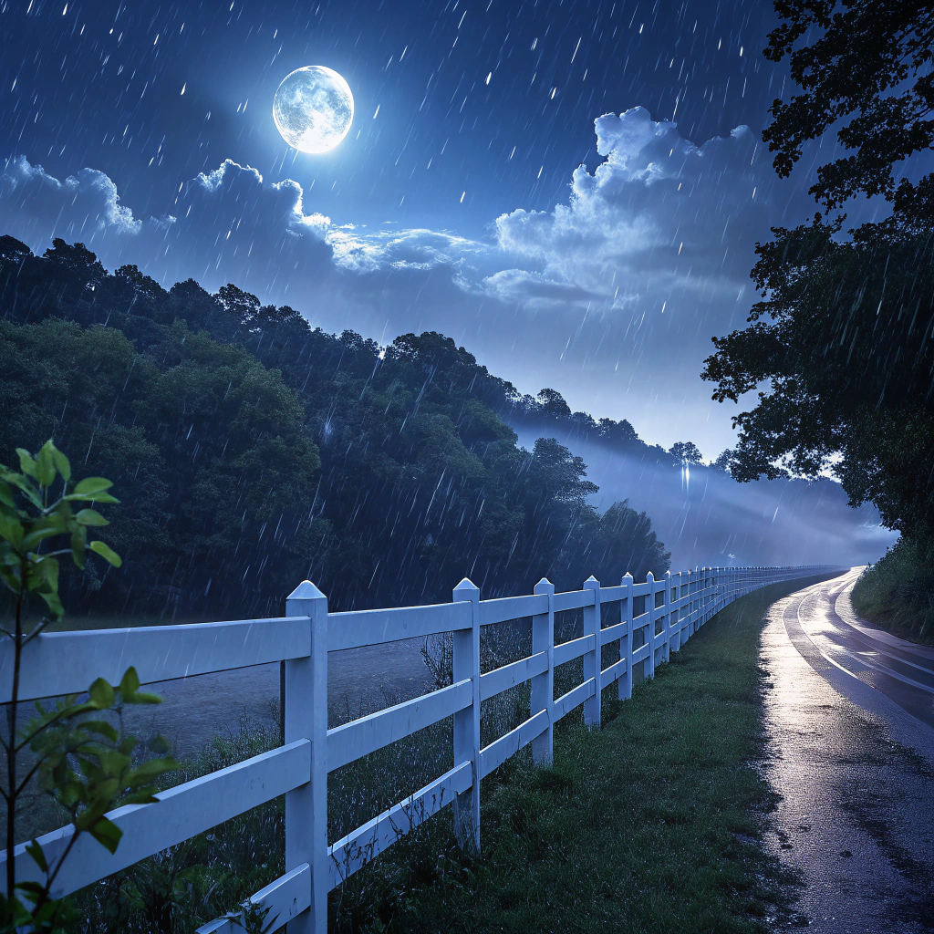 AI generated image by FLUX.1-schnell: Moonlight shining on a white wet fence at 4 am, stark, blue periwinkle night, clouds, dreamy night, moon rays, shine on a wet white fence, rainy night, Lush green forestation surrounds
