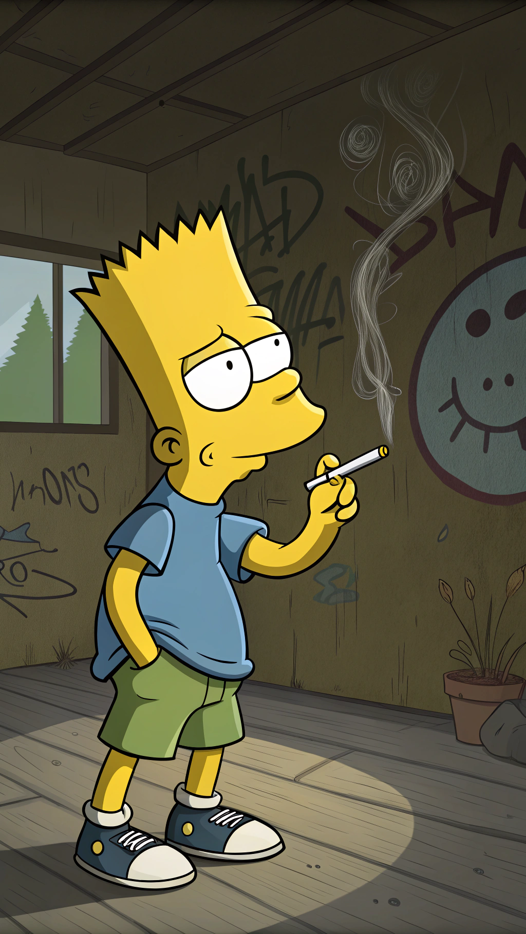 AI generated image by Red Panda AI: bart simpson fumando marihuana con cara de enojado