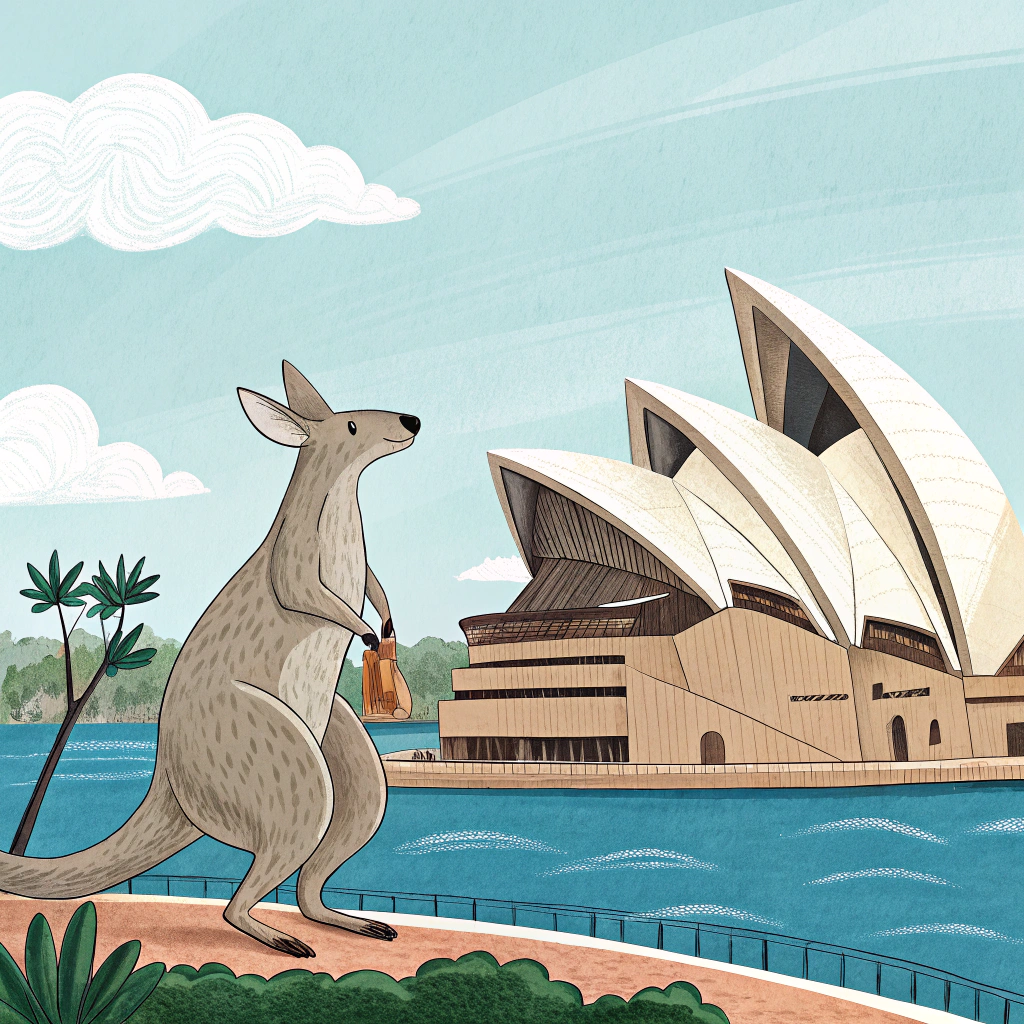 AI generated image by Red Panda AI: dessine un kangourou devant l'opéra house à Sydney