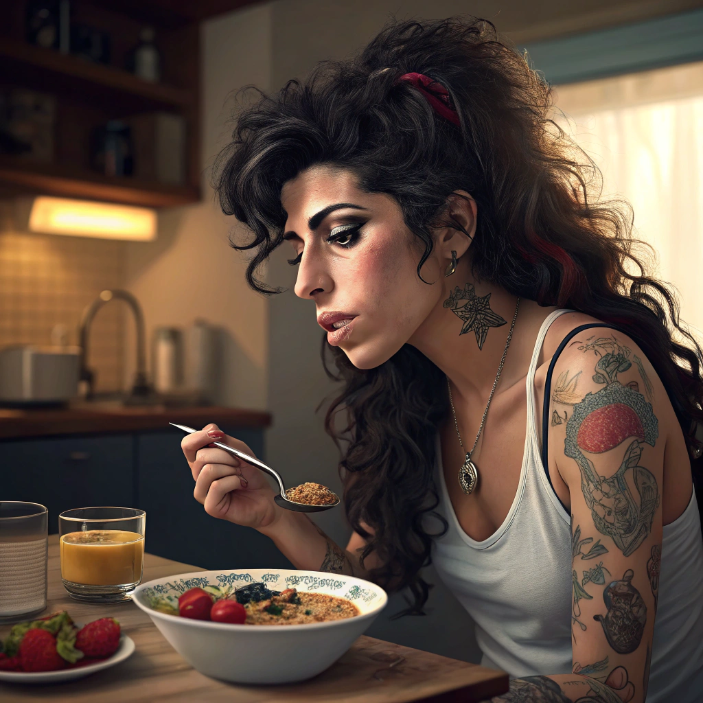 AI generated image by Red Panda AI: Amy winehouse get 65 years old, whif tatoos, eating a breckfast with granola and fruits. 