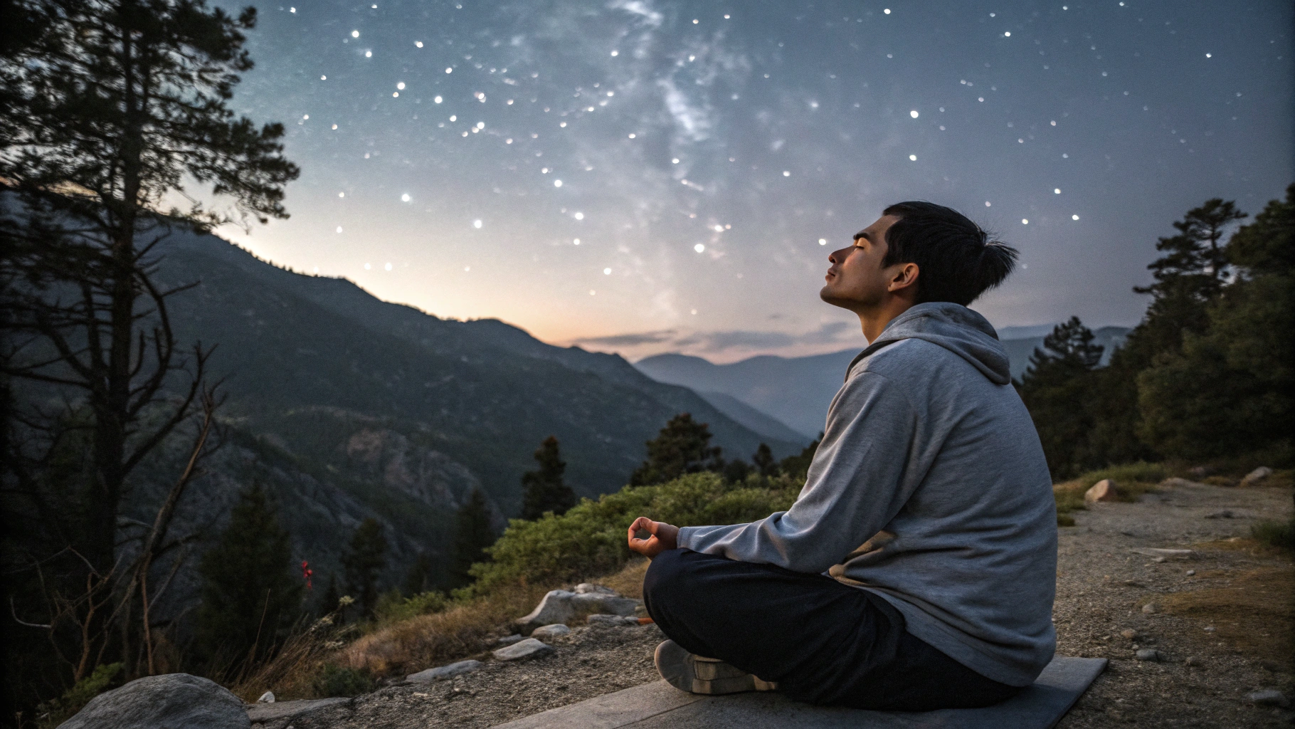 AI generated image by Red Panda AI: Hombre joven latino de perfil meditando en la montaña, bajo el cielo estrellado