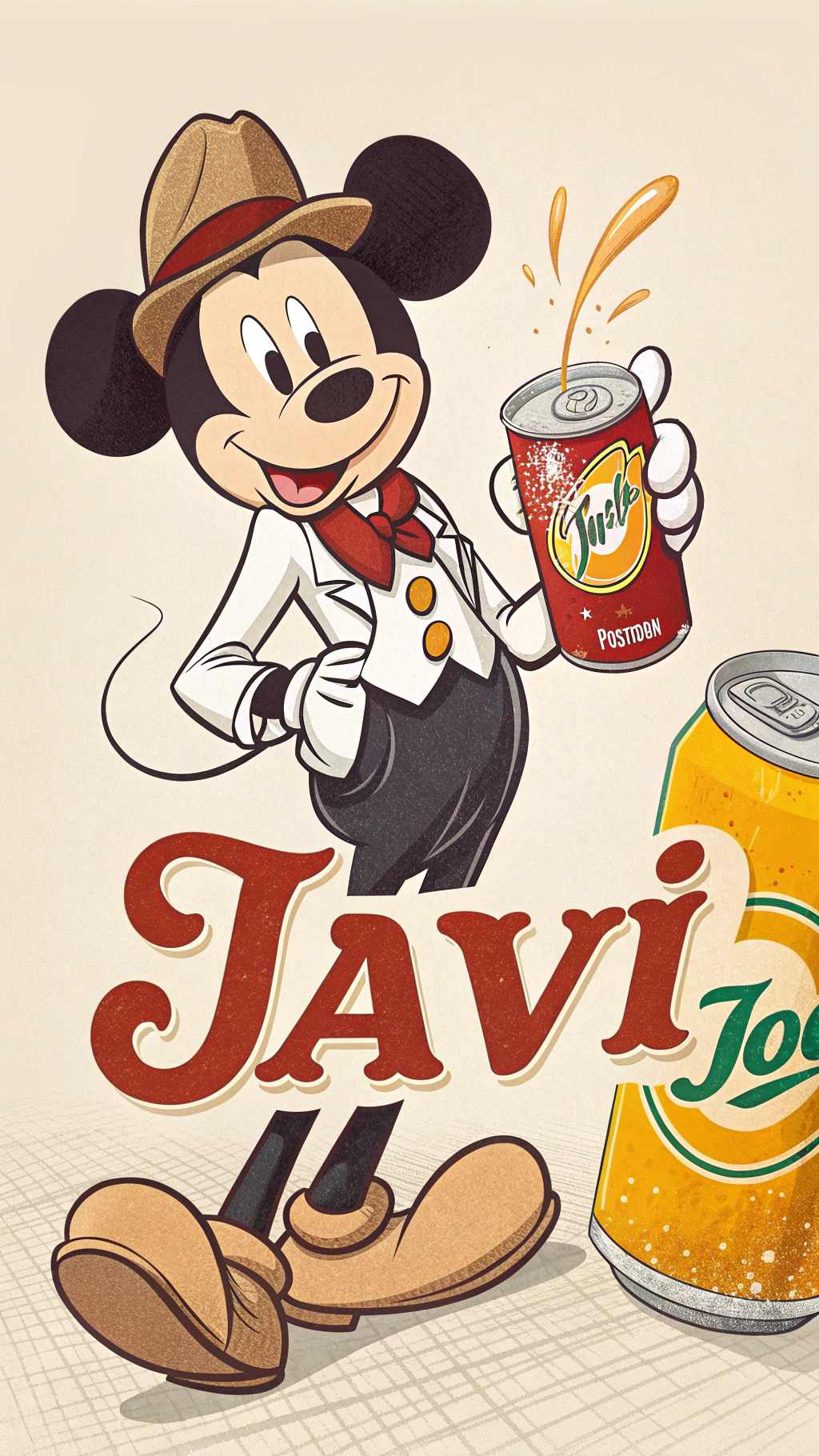 AI generated image by Red Panda AI: Crea una imagen de Mickey mouse, una gaseosa tamarindo de Postobón, y la palabra "JAVI"
