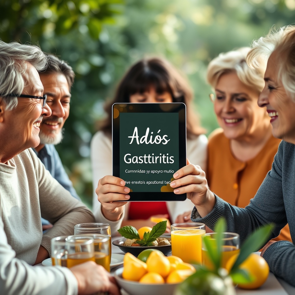 AI generated image by FLUX.1-schnell: Un grupo de adultos diversos (entre 30 y 60 años) sonriendo, reunidos alrededor de una mesa con infusiones y frutas, simbolizando comunidad y apoyo mutuo. Una persona sostiene una tablet que muestra el ebook “Adiós Gastritis”.  luz cálida, entorno natural, energía positiva.