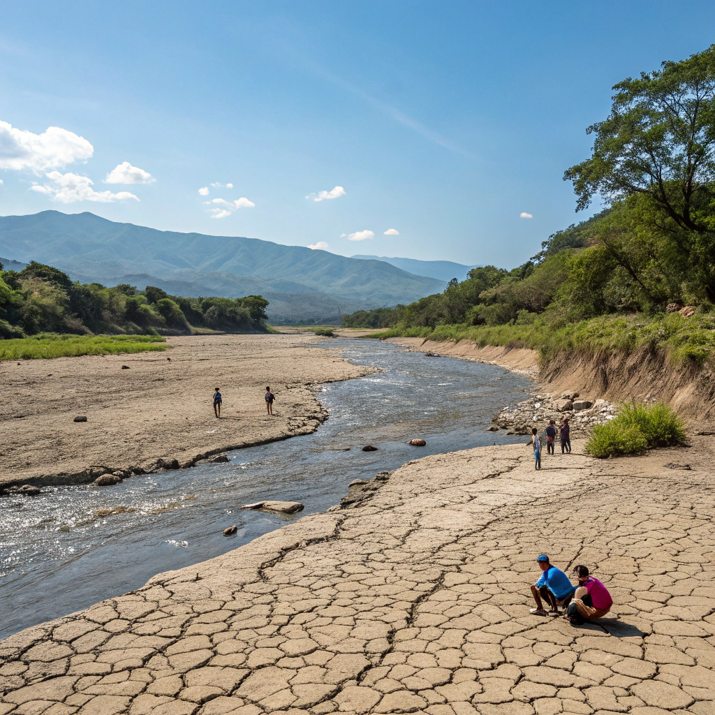 AI generated image by Red Panda AI: Un día muy soleado en Ecuador, hacia tanto calor que las personas no aguantaban y se iban al rio, pero un día el rio quedo seco y ya no quedaba agua en ninguna otra parte, la gente preocupada no sabia que hacer con la gran sequia y poco a poco todo el Ecuador quedó seco y gracias a eso nos quedamos sin energía eléctrica