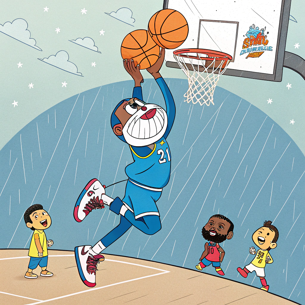 AI generated image by Red Panda AI: Un doraemon jugando a basket, haciendo un mate con unas zapatillas de kire bob esponja, y esta con lebron james, ja morant con una pistola, luka doncic, nicola jokic, michael jordan, jayson tatum, kire irving, stephen curry, kevin durant y bob espponja todo esto sucede en una cancha de basket con una lluvia de pelotas de basket pero muy pocas y todos menos doraemon van con unas zapatillas de lebron james.