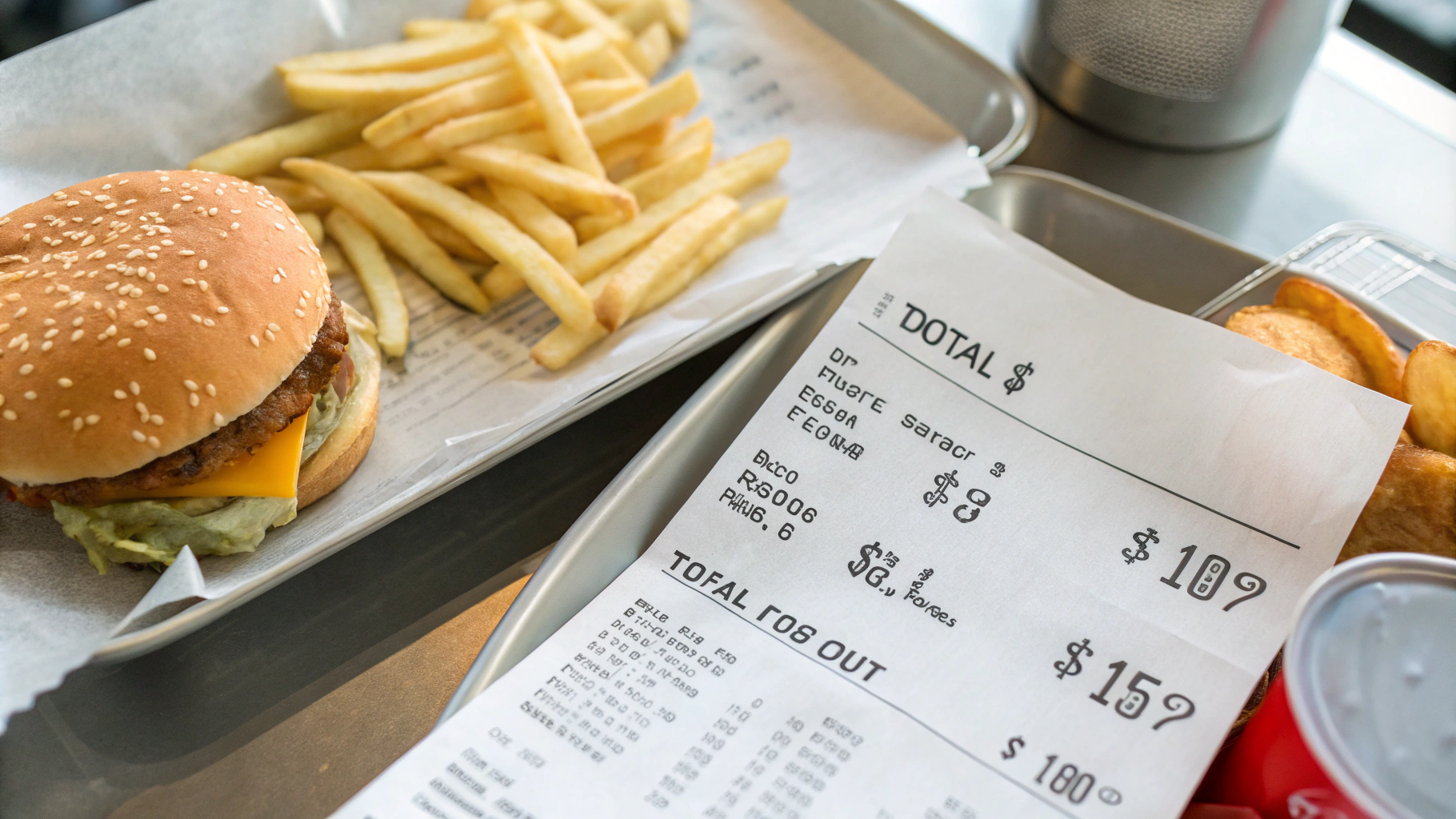 AI generated image by Red Panda AI: A fast food restaurant table with a burger and fries on the left side and a clear bill on the right. The bill shows an itemized cost with the total clearly visible, taking up about 30% of the image. The food occupies the other 70%. The scene is from a top-down view with everything in focus, no background blur.