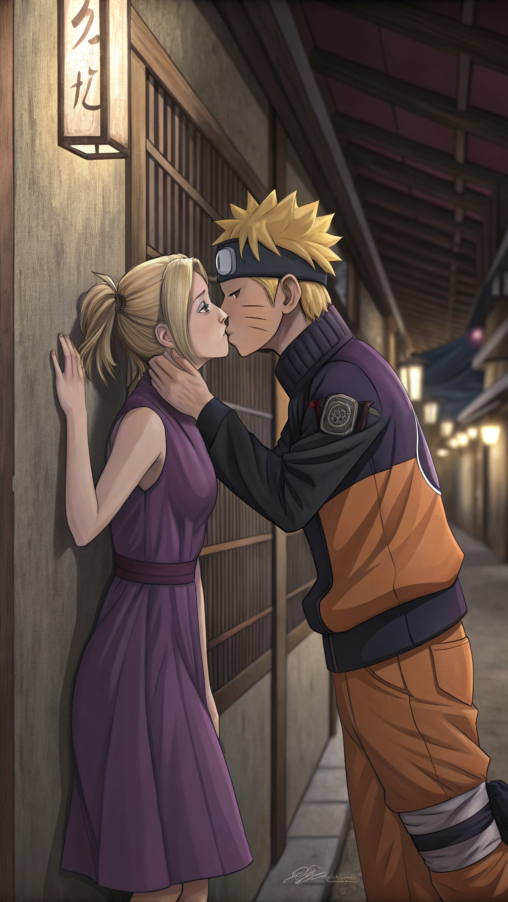 AI generated image by Red Panda AI: A scene from anime where a sly Ino yamanaka wearing a purple dress is passionately kissing naruto against a wall