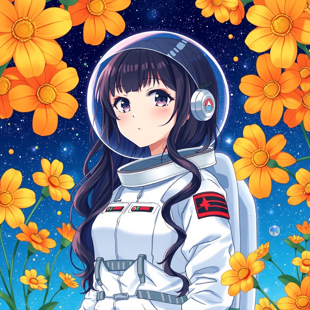 AI generated image by FLUX.1-schnell: a captivating anime-style illustration of a woman in a white astronaut suit. She has long, dark wavy hair. Surrounding the astronaut are vibrant orange flowers with yellow centers. The background itself is a mesmerizing night sky filled with countless stars