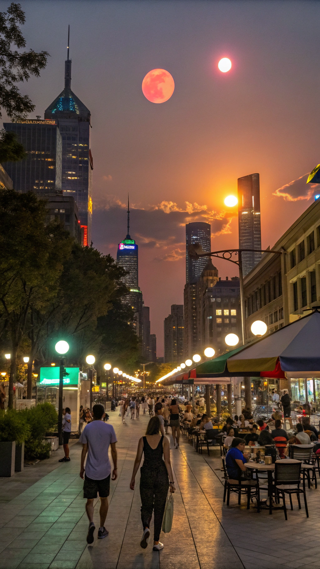 AI generated image by Red Panda AI: A bustling city at night with people active outdoors, under a sky with two setting suns.