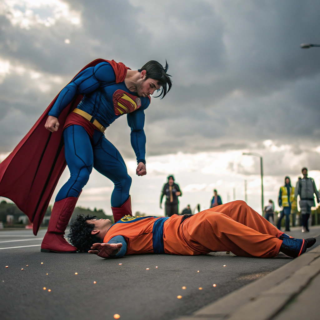 AI generated image by Red Panda AI: supperman hit kakarot in the road, kakarot die