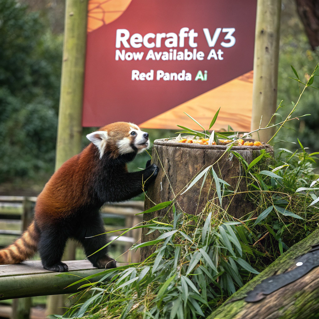 AI generated image by Red Panda AI: a red panda eating a bamboo in front of a poster that says "recraft V3 now available at red panda ai