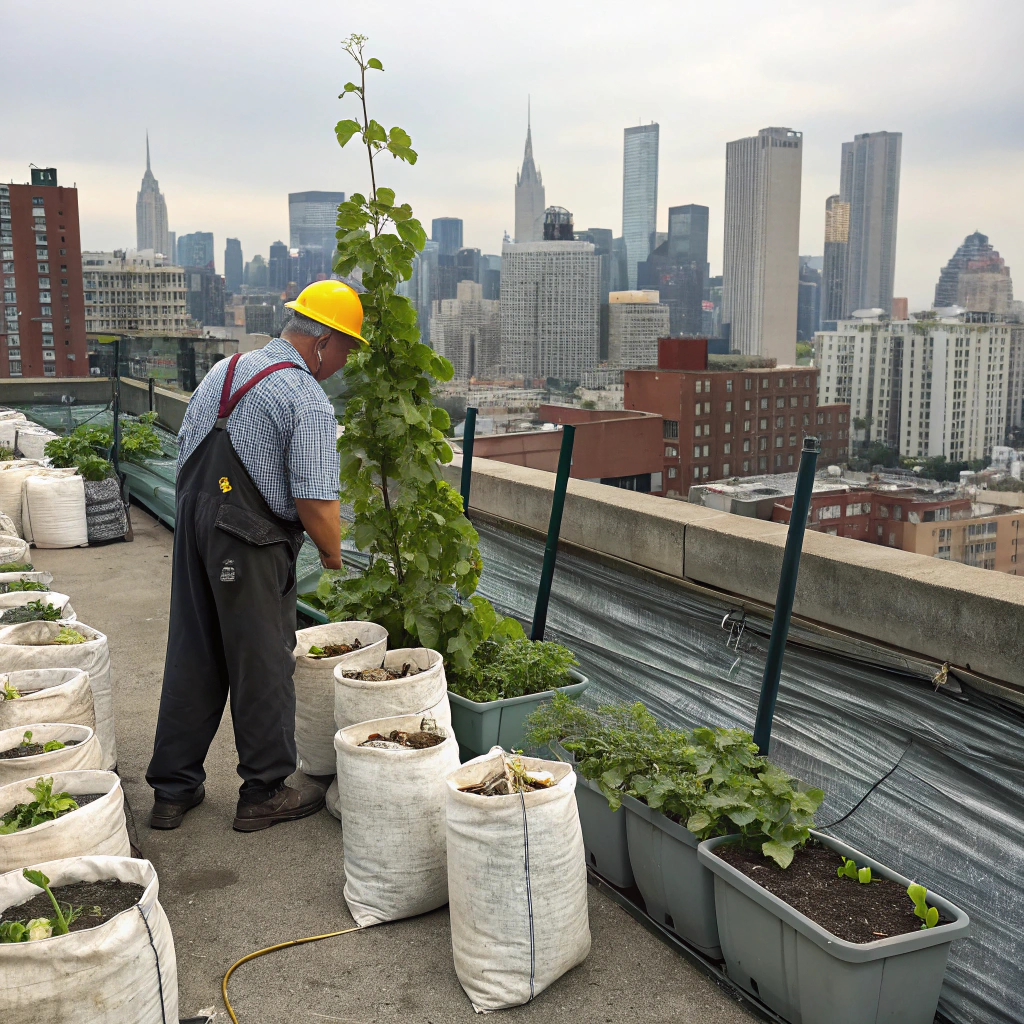 AI generated image by Red Panda AI: a photo of a farmer wearing traditional farming gear and a yellow hardhat, he is standing on his rooftop garden in a big city. There are bags of concrete growing from a big vine.