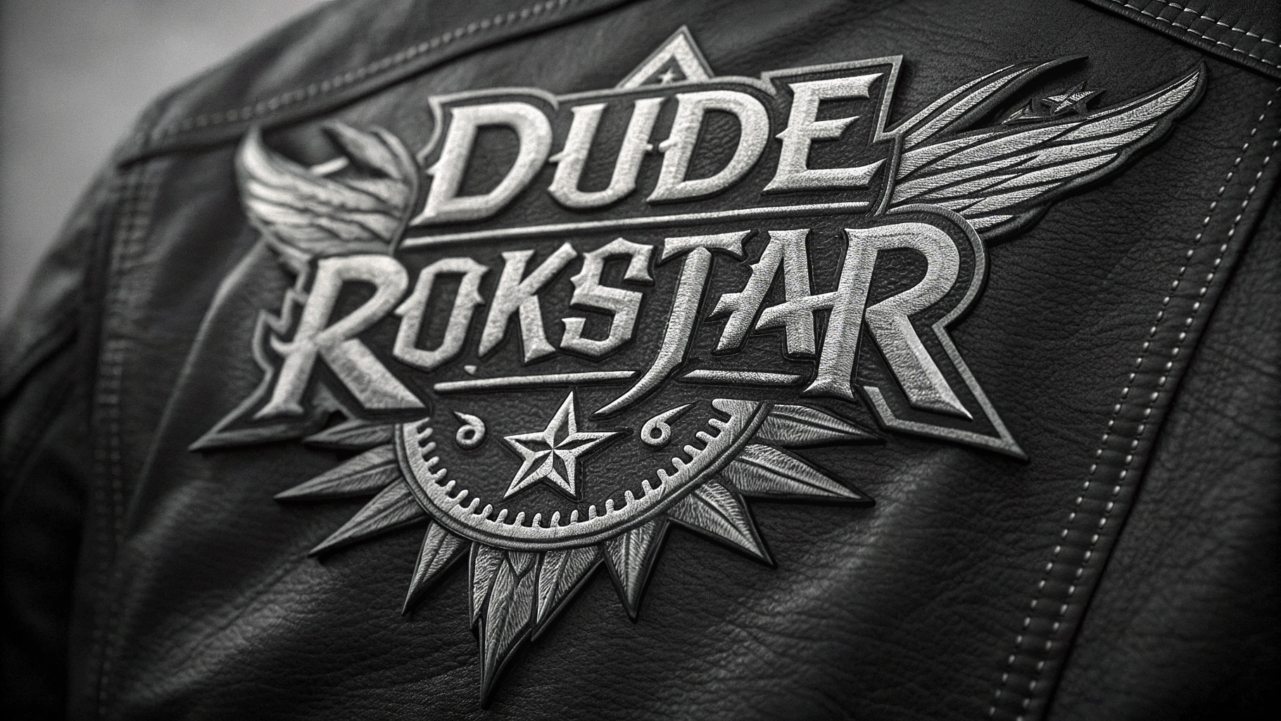 AI generated image by Red Panda AI: "Dude Rokkstar" logo using a heavy metal font, bold, strong, powerful, as a patch on a leather jacket