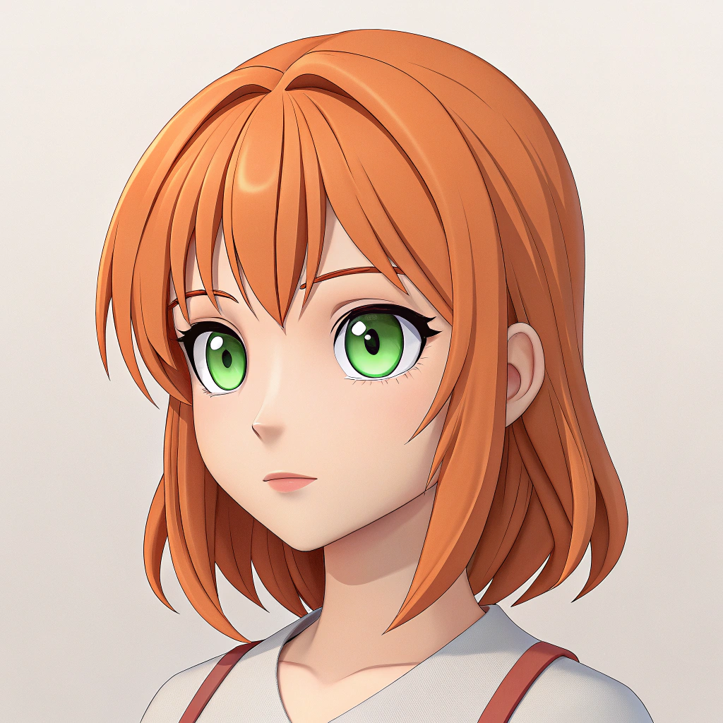 AI generated image by Red Panda AI: 3D render of adult anime-style female character, soft shading, subdued color palette, warm orange hair, bright green eyes, narrow eyes, upper body portrait from shoulders up, face in full view, looking straight, plain neutral background, octane render, unreal engine
