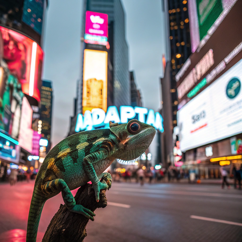 AI generated image by Red Panda AI: An outdoor in NY time square with a image of a chameleon. Quate "Adapta" in the center of the outdoor