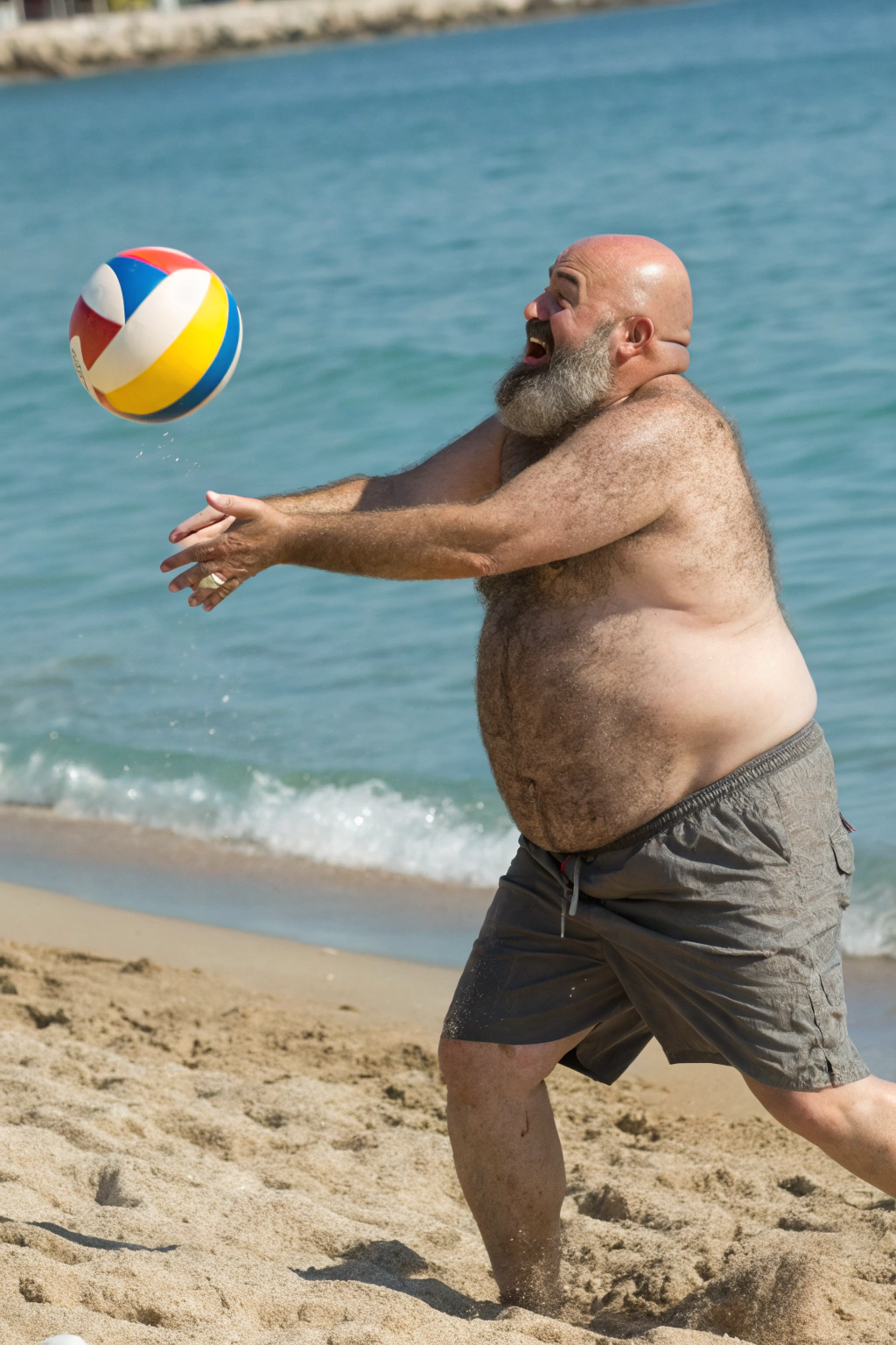 AI generated image by Red Panda AI: a bulky and slightly overweight 50 year old hirsute man at the beach hitting a beach ball. Man has heavy amount of body hair, hairy chest pattern, expanding his bloated heavy bearded-belly, bald head, brown and white goatee