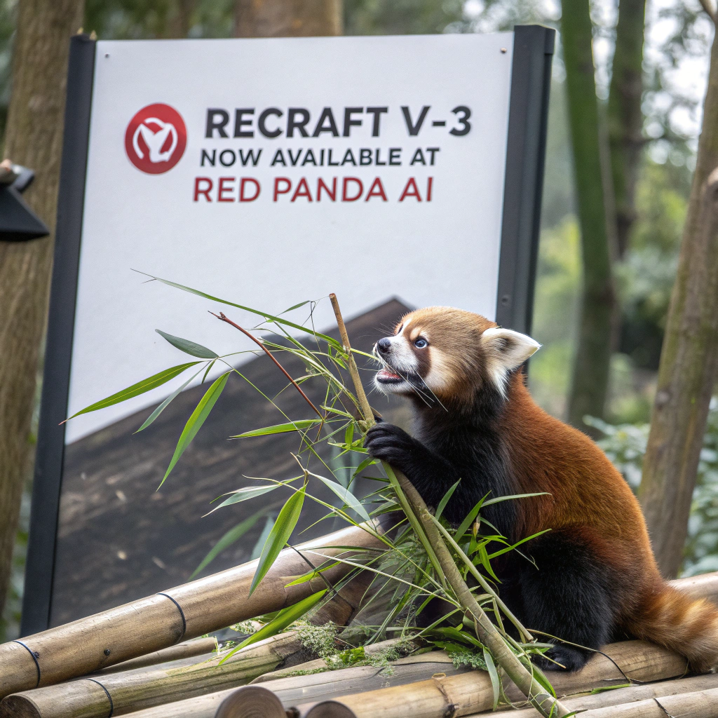 AI generated image by Red Panda AI: a red panda eating a bamboo in front of a poster that says "recraft V3 now available at red panda ai