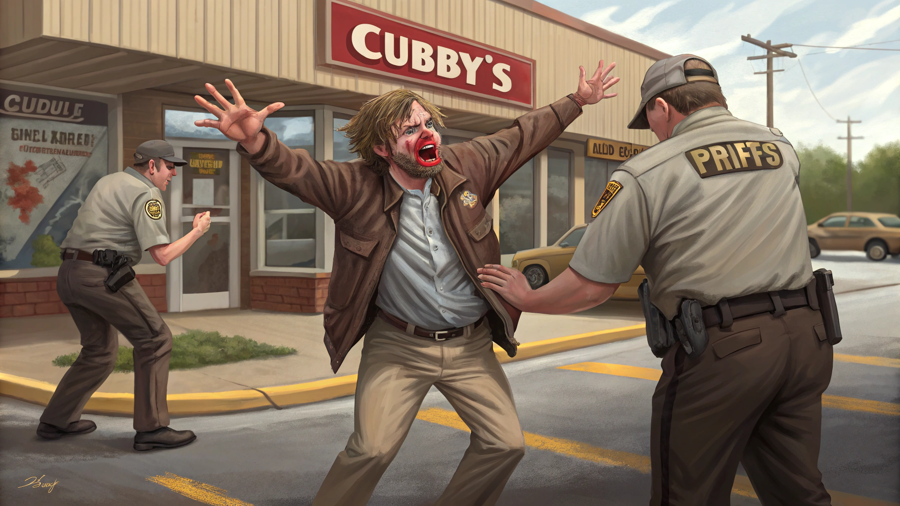 AI generated image by Red Panda AI: Drunk man fights with sheriffs outside a Cubby's Store in Washington County, Nebraska