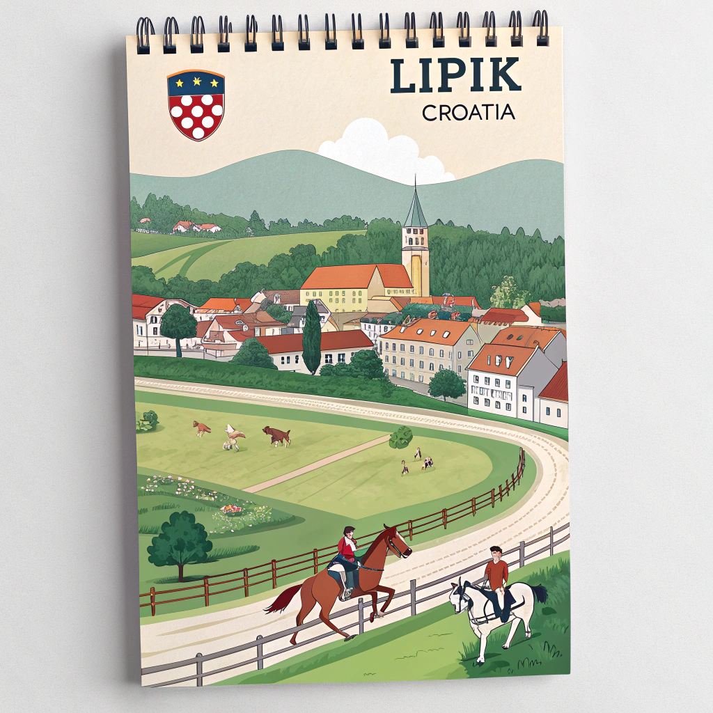 AI generated image by Red Panda AI: the city of Lipik, Croatia, the coat of arms of the city of Lipik, horse courses, the cover of the calendar